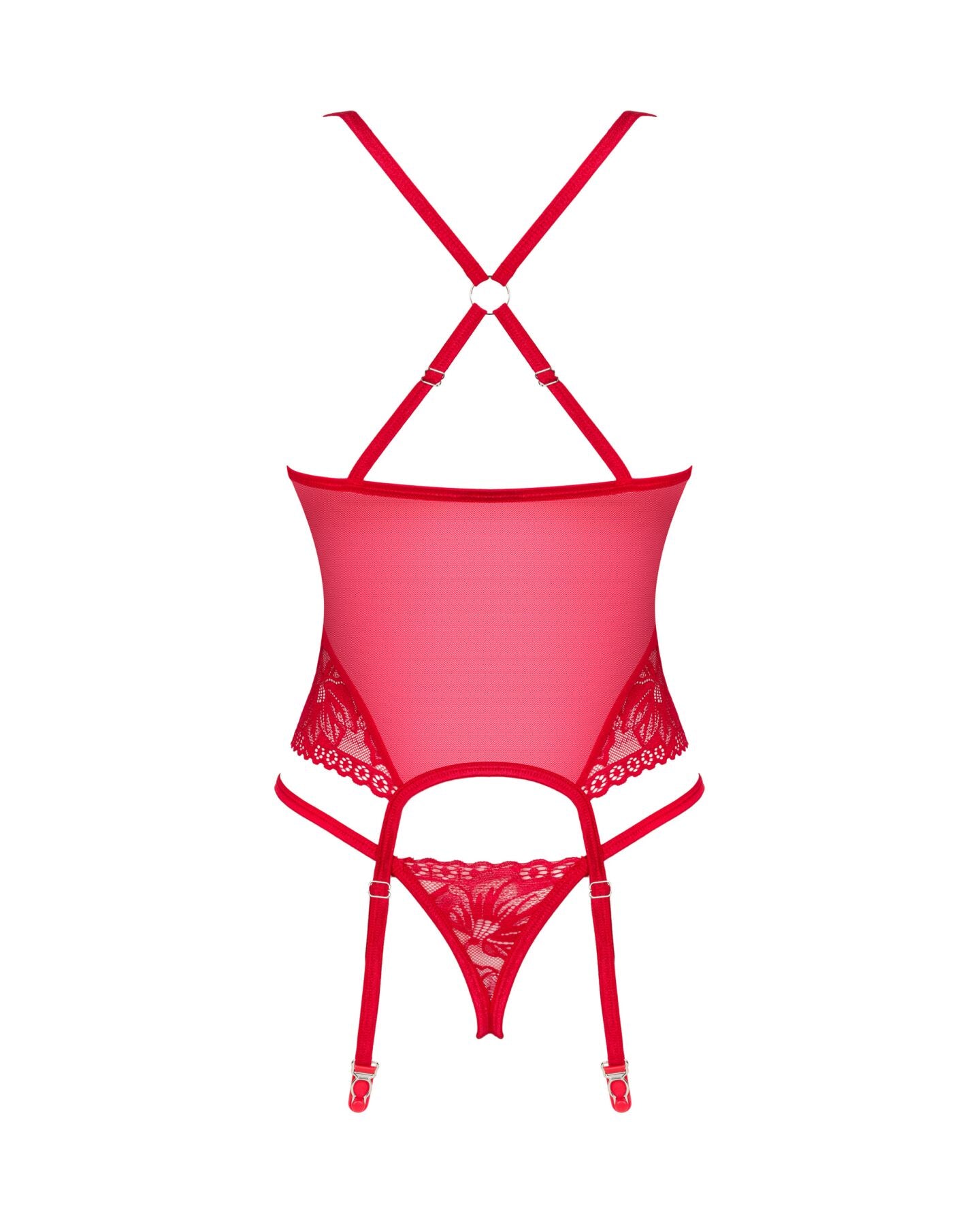 Прозорий корсет Obsessive Lacelove corset XL/2XL Red, мереживо, підв’язки для панчіх
