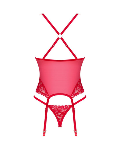 Прозорий корсет Obsessive Lacelove corset XL/2XL Red, мереживо, підв’язки для панчіх
