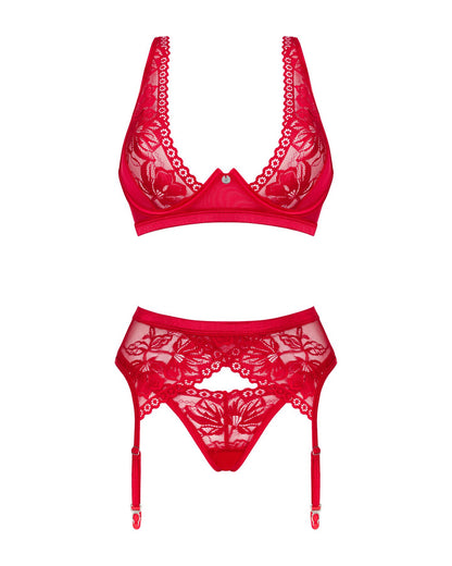 Комплект білизни Obsessive Lacelove cupless 3pcs set XS/S Red, бюстгальтер, стрінги, пояс для панчіх