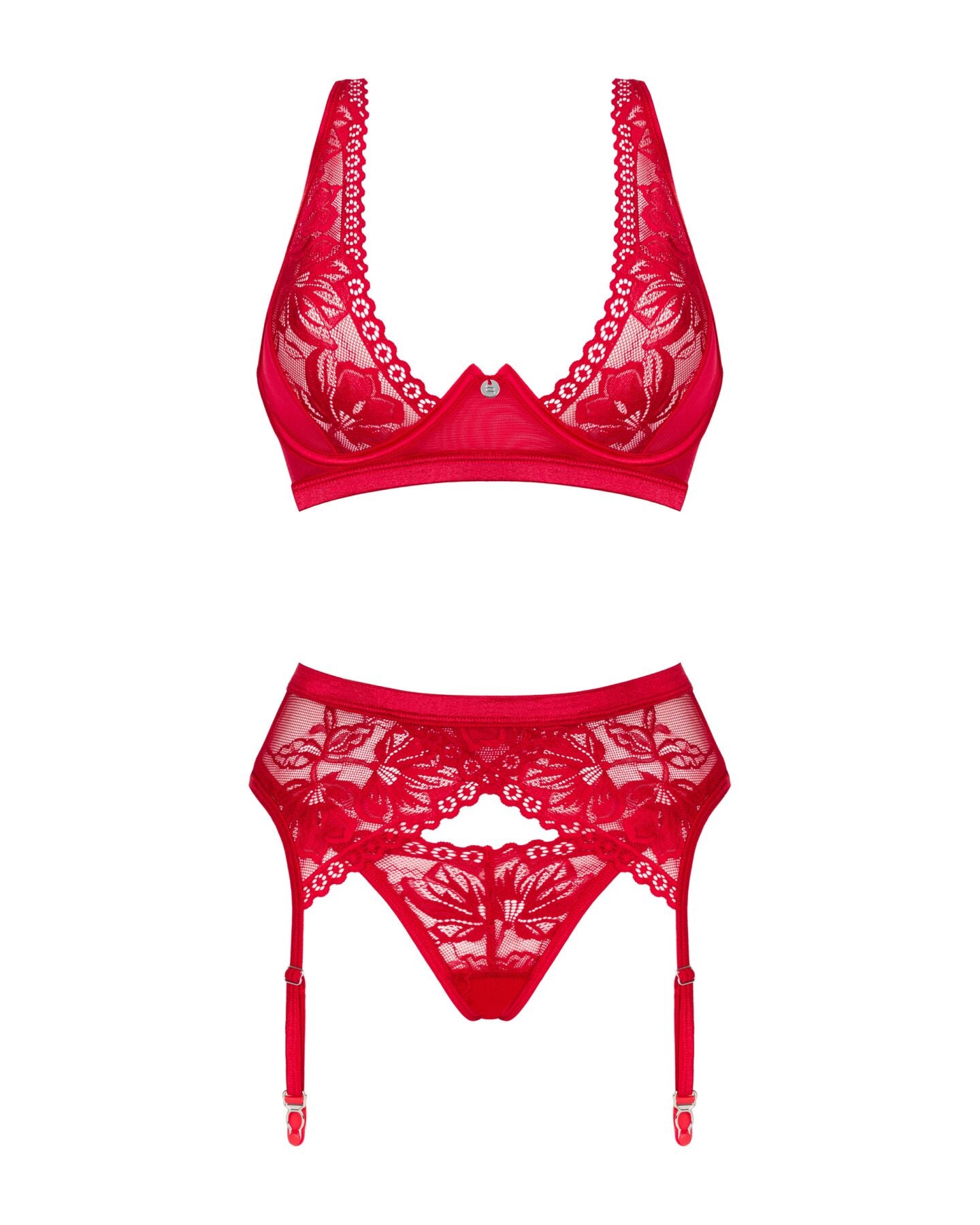 Комплект білизни Obsessive Lacelove cupless 3-pcs set M/L Red, бюстгальтер, стрінги, пояс для панчіх