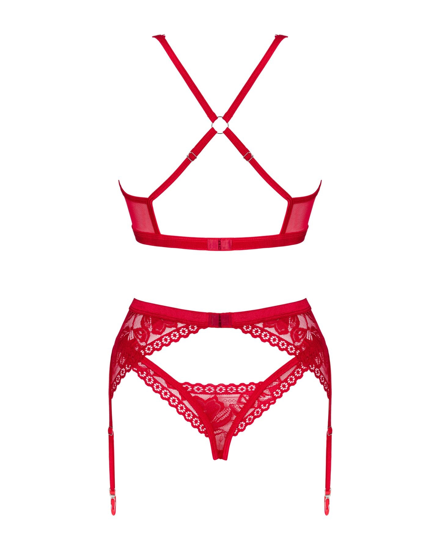 Комплект білизни Obsessive Lacelove cupless 3-pcs set XL/2XL Red, бюстгальтер, стрінги, пояс для панчіх