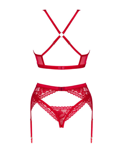Комплект білизни Obsessive Lacelove cupless 3-pcs set XL/2XL Red, бюстгальтер, стрінги, пояс для панчіх