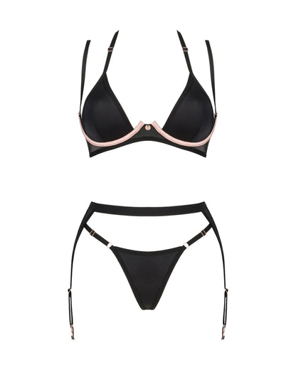 (SALE) Комплект білизни Obsessive Selinne 3-pcs set XS/S Black, бюстгальтер, стрінги пояс для панчіх