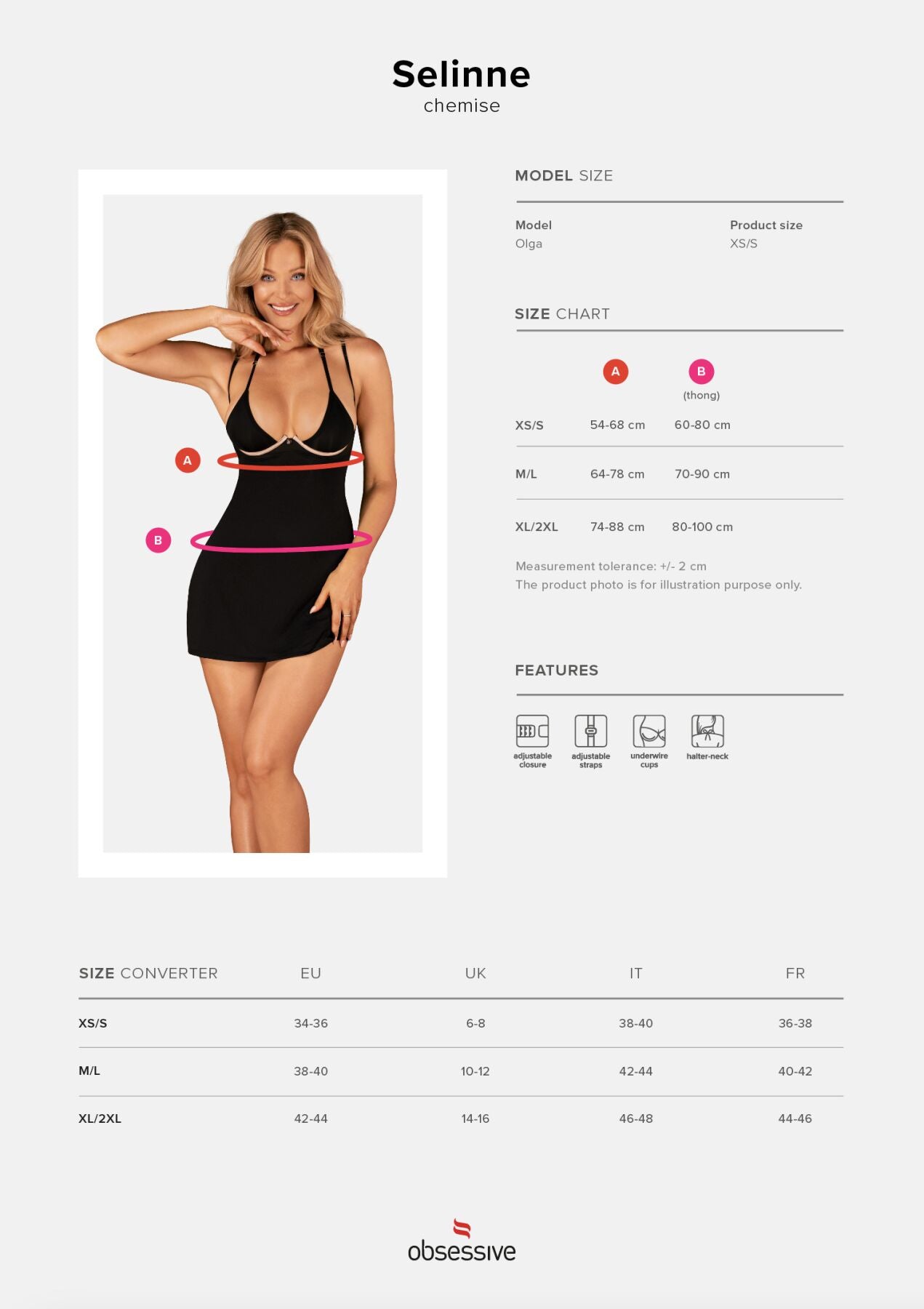 (SALE) Сорочка Obsessive Selinne chemise & thong XS/S Black, стрінги, подвійні бретелі