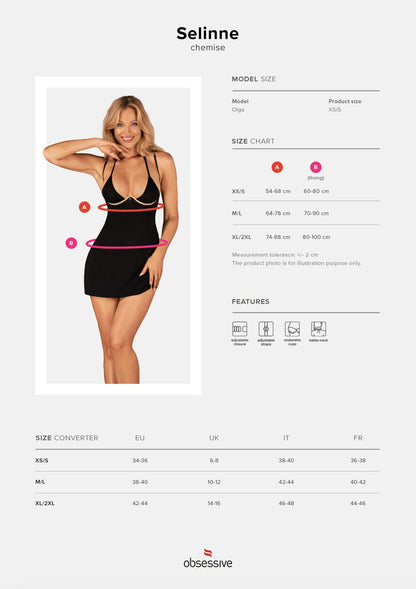 (SALE) Сорочка Obsessive Selinne chemise & thong XS/S Black, стрінги, подвійні бретелі
