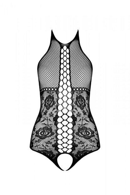 Бодістокінг з імітацією корсетної шнурівки Passion BS094 One Size, black, квітковий візерунок, з дос