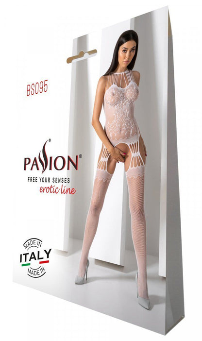 Бодістокінг з безліччю бретелей Passion BS095 One Size, white, імітація пояса та панчіх, з доступом