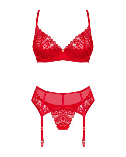 Комплект Obsessive Ingridia 3-pcs set XS/S, червоний, бюстгальтер, стрінги, пояс