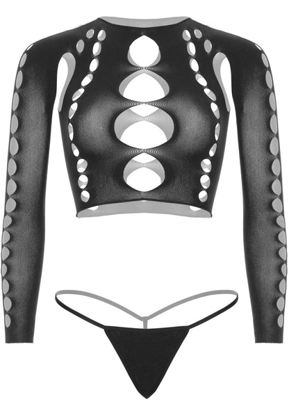 Комплект безшовної білизни Leg Avenue Long sleeve crop top & string Black, One Size, топ, стрінги