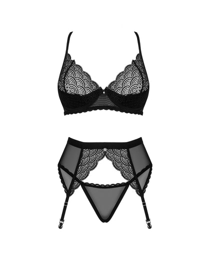 Комплект Obsessive Chemeris 3-pcs set XL/2XL, стрінги, пояс для панчіх, бюстгальтер
