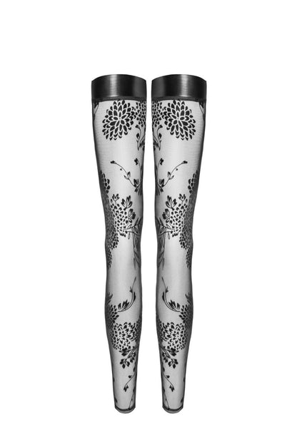 Панчохи без миска Noir Handmade F243 Tulle stockings with patterned flock embroidery, S