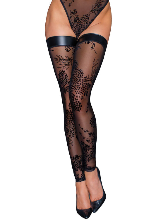 Панчохи без миска Noir Handmade F243 Tulle stockings with patterned flock embroidery, 3XL