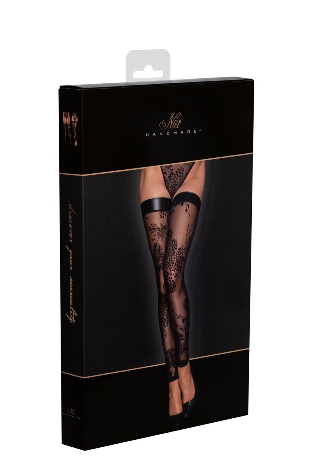 Панчохи без миска Noir Handmade F243 Tulle stockings with patterned flock embroidery, 3XL