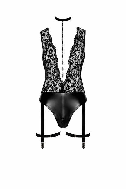Боді Noir Handmade F297 Libido, XXL, чорне, мереживо, низ під латекс, відкритий доступ, гартери