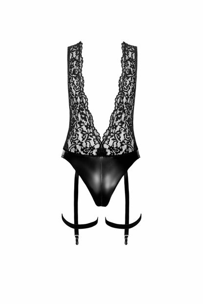 Боді Noir Handmade F297 Libido, 3XL, чорне, мереживо, низ під латекс, відкритий доступ, гартери