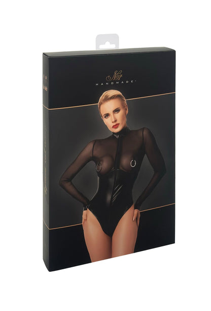 Боді Noir Handmade F321 Edge, XL, низ під латекс, верх сітка, блискавка на все тіло, декор кільця