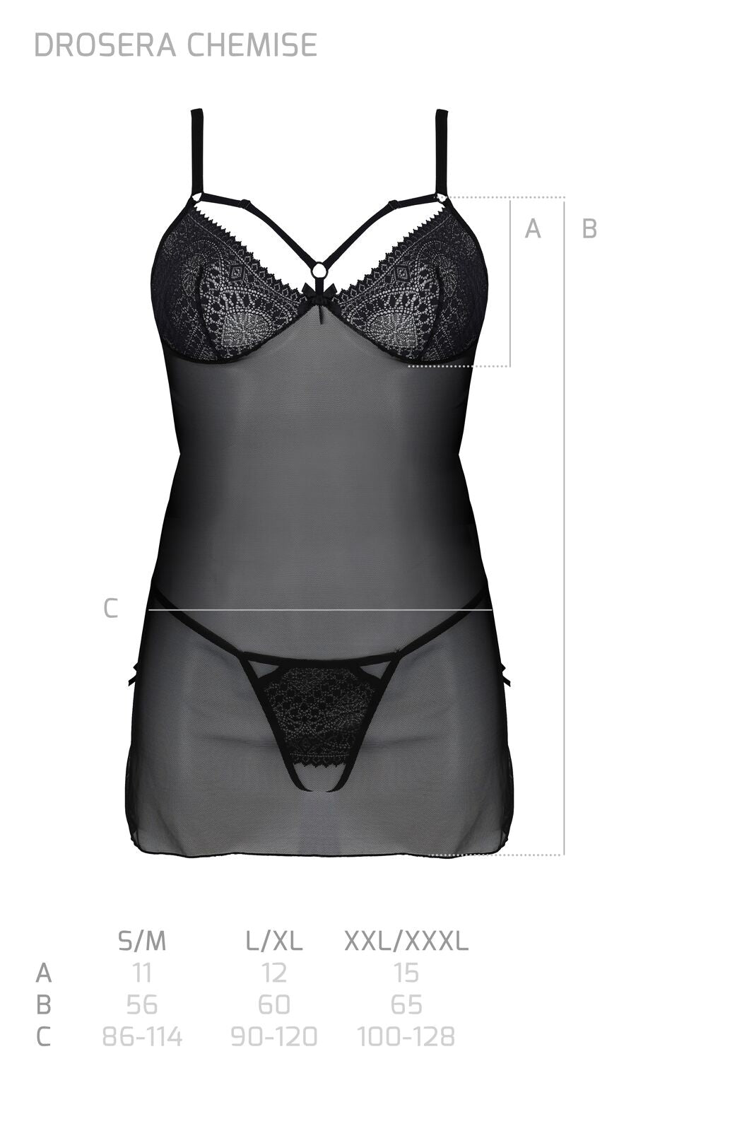 Пеньюар Passion DROSERA CHEMISE black, L/XL, мереживний ліф зі стрепами, трусики в комплекті