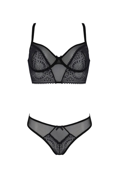 Комплект Passion DROSERA SET black S/M, сітка+мереживо, бюстьє та трусики танга
