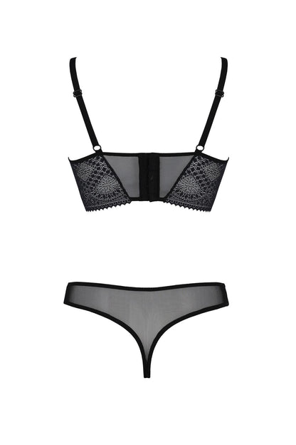 Комплект Passion DROSERA SET black S/M, сітка+мереживо, бюстьє та трусики танга