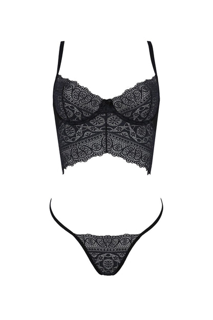 Комплект Passion KERRIA SET black, XXL/XXXL сітка+мереживо, бюстьє та стрінги
