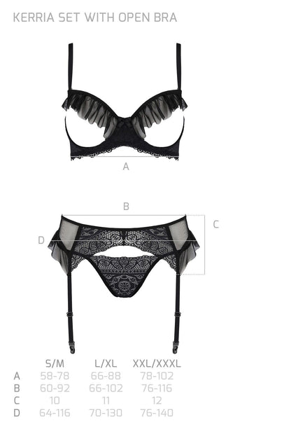 Комплект Passion KERRIA SET WITH OPEN BRA black, L/XL, бюстгальтер з відкритою чашкою, стрінги, пояс для панчіх