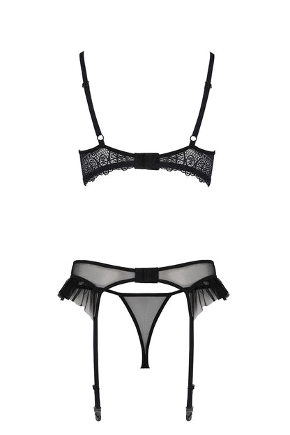 Комплект Passion KERRIA SET WITH OPEN BRA black, XXL/XXXL, бюстгальтер з відкритою чашкою, стрінги, пояс для панчіх