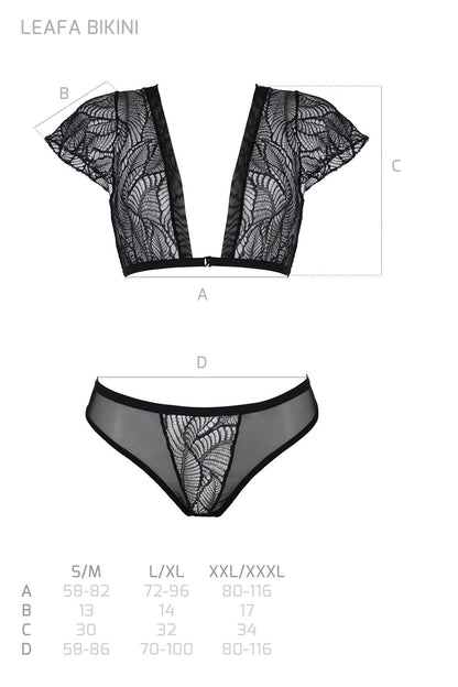 Комплект Passion LEAFA BIKINI black S/M, бюстгальтер-топ з рукавчиками, стрінги-шортики з вирізом