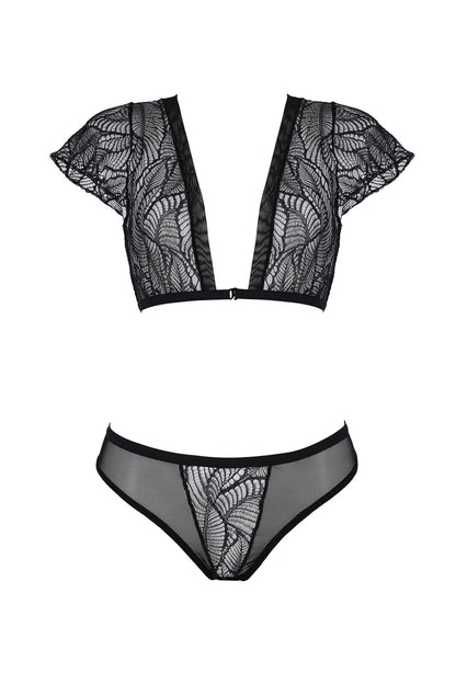 Комплект Passion LEAFA BIKINI black S/M, бюстгальтер-топ з рукавчиками, стрінги-шортики з вирізом