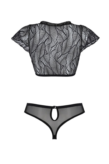 Комплект Passion LEAFA BIKINI black, XXL/XXXL, бюстгальтер-топ з рукавчиками, стрінги-шортики з вирізом