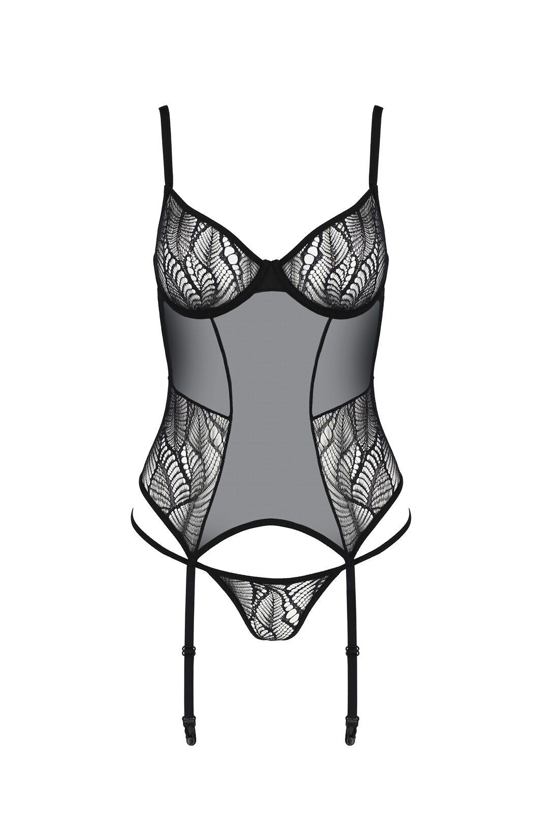 Корсет Passion LEAFA CORSET black L/XL, м'які чашки, затискачі для панчіх, стрінги в комплекті