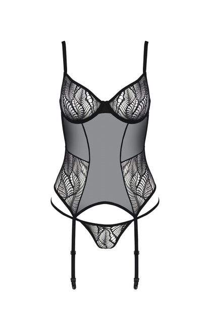Корсет Passion LEAFA CORSET black L/XL, м'які чашки, затискачі для панчіх, стрінги в комплекті