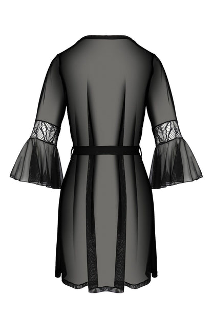 Пеньюар Passion LEAFA PEIGNOIR black, XXL/XXXL, довжина трохи вище коліна, широкі рукави, зав'язується на пояс