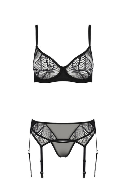 Комплект Passion LEAFA SET black S/M, мереживо+сітка, бюстгальтер на кісточках, стрінги, пояс для панчіх
