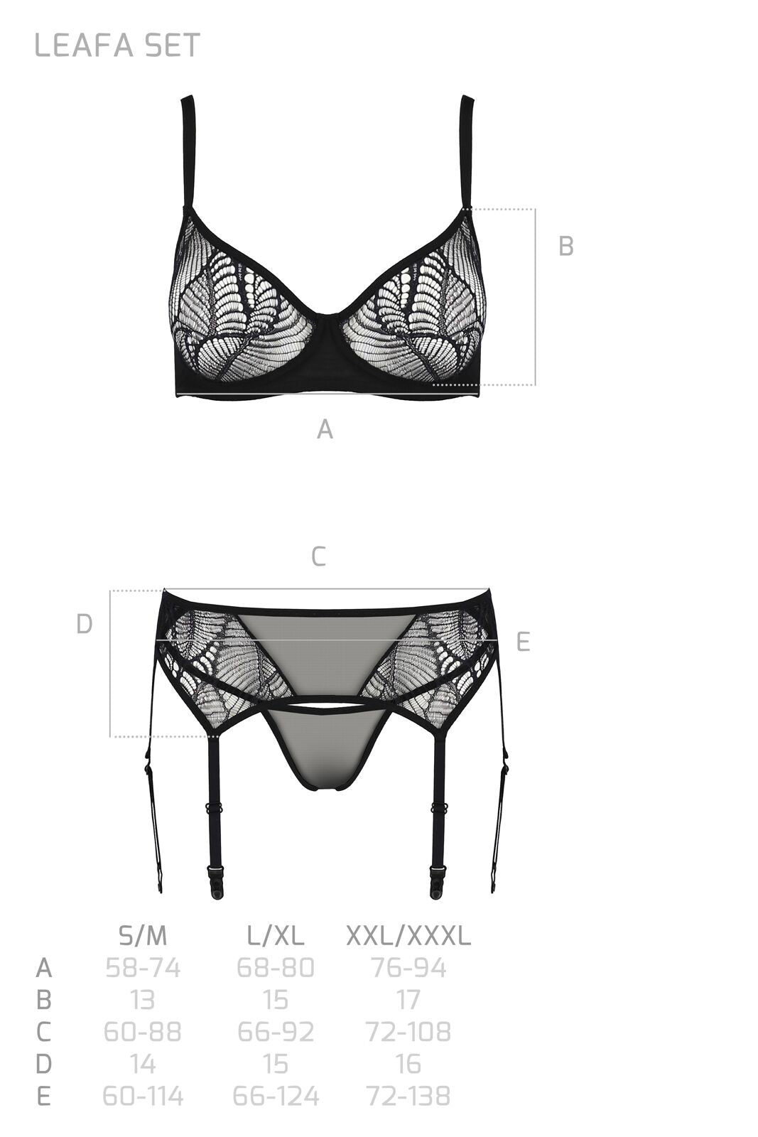 Комплект Passion LEAFA SET black, XXL/XXXL, мереживо+сітка, бюстгальтер на кісточках, стрінги, пояс для панчіх