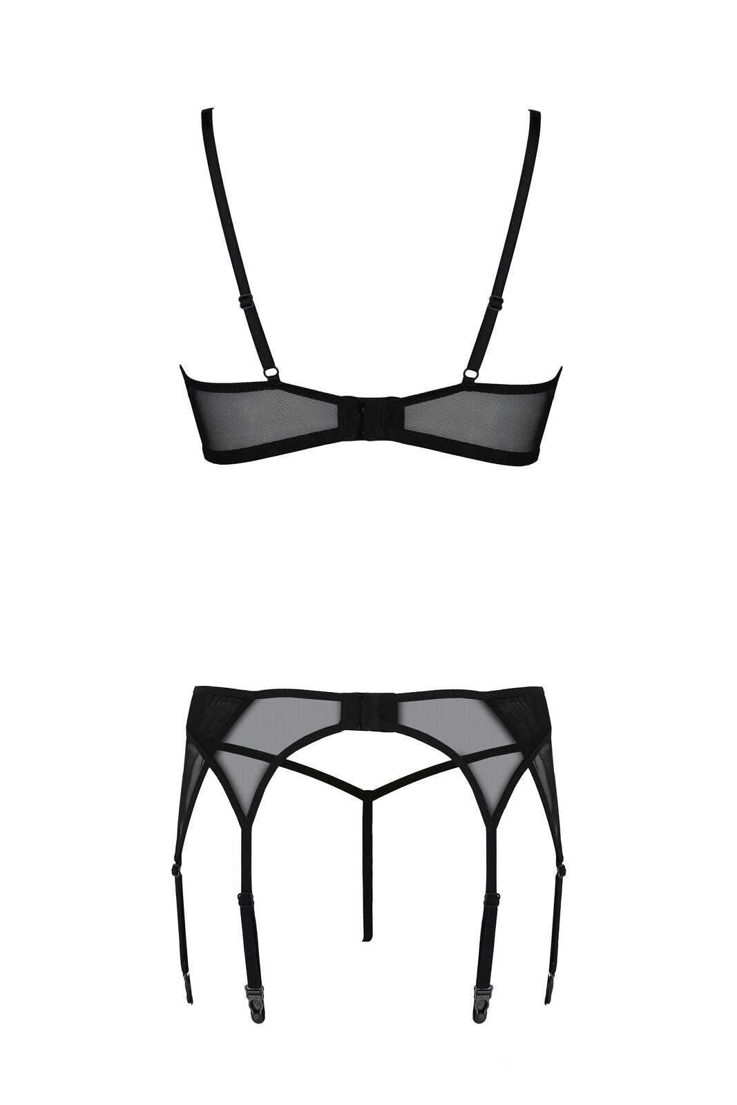 Комплект Passion LEAFA SET black, XXL/XXXL, мереживо+сітка, бюстгальтер на кісточках, стрінги, пояс для панчіх