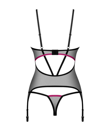 Корсет Obsessive Novenes corset & thong, XS/S, прозорий, відкрита спина, стрінги в комплекті
