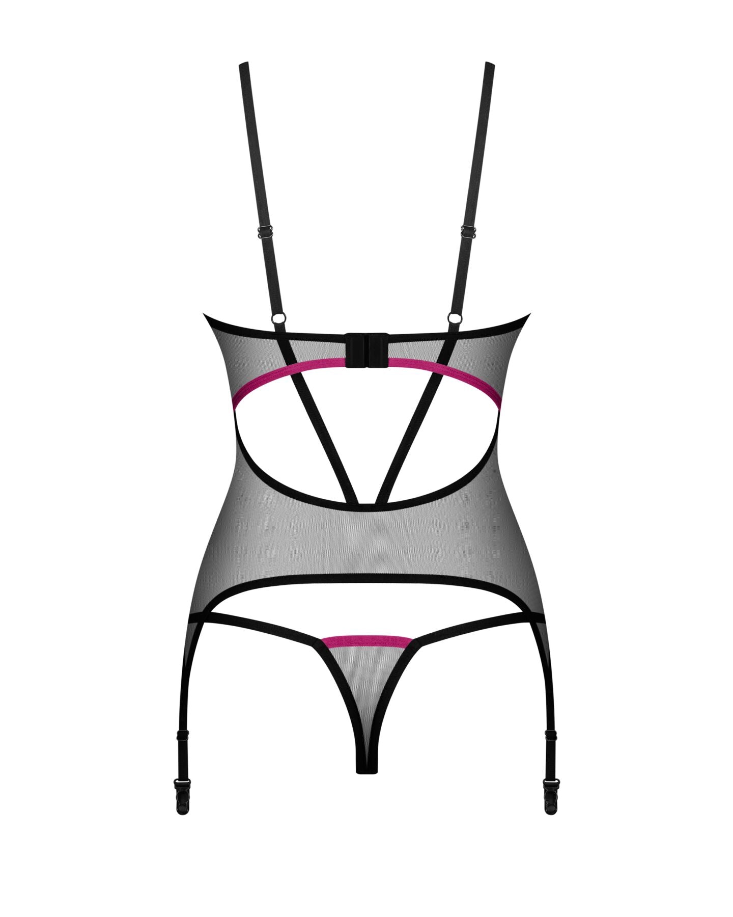 Корсет Obsessive Novenes corset & thong, XL/2XL, прозорий, відкрита спина, стрінги в комплекті
