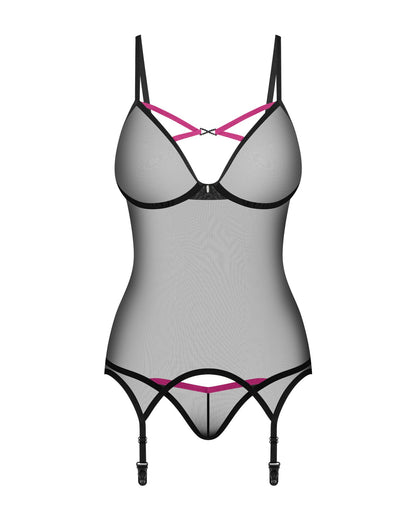Корсет Obsessive Novenes corset & thong, XL/2XL, прозорий, відкрита спина, стрінги в комплекті