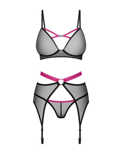 Комплект Obsessive Novenes 3-pcs set, XL/2XL, прозорий ліф на кісточках, стрінги, пояс