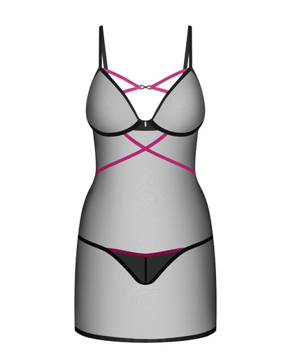 Пеньюар Obsessive Novenes chemise & thong, XS/S, обтислий, прозорий, зі стрепами, стрінги в комплект