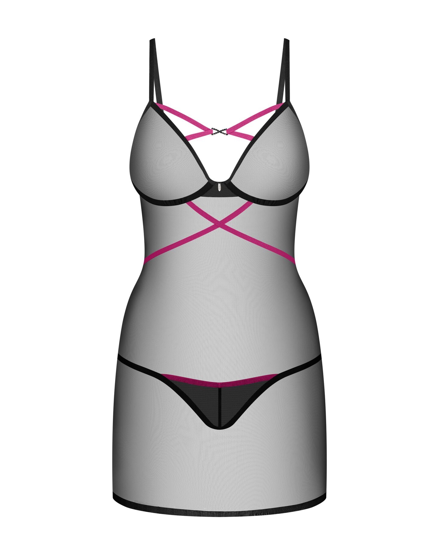 Пеньюар Obsessive Novenes chemise & thong, XL/2XL, обтислий, прозорий, зі стрепами, стрінги в компле