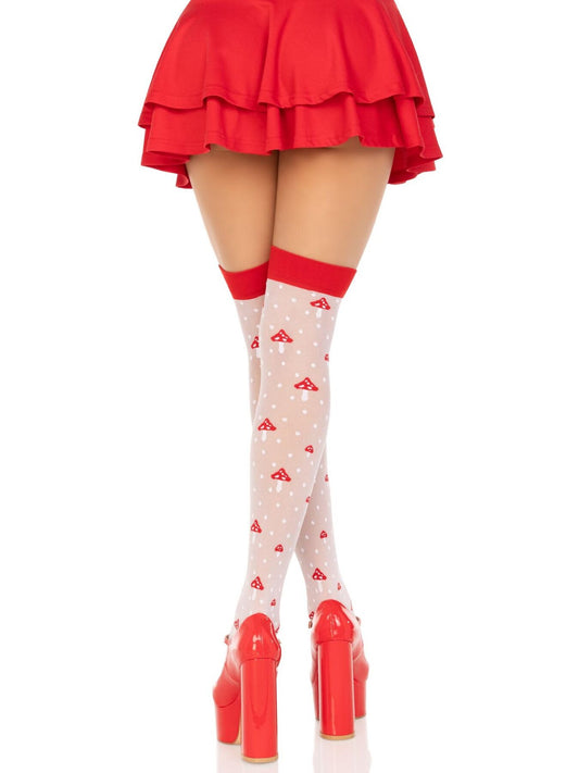 Панчохи Leg Avenue Polka Dot Mushroom Thigh Highs, One Size, біло-червоні, на резинці, малюнок — гриби