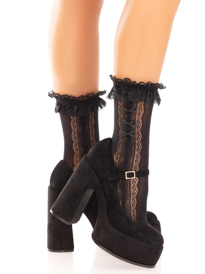 Шкарпетки ажурні Leg Avenue Mini Bow Lace Anklet, чорні, з рюшами, декор — бантики