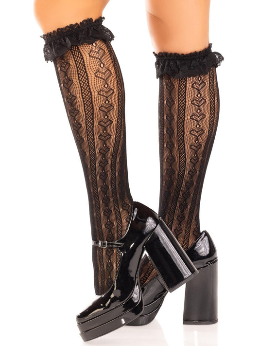 Гольфи ажурні Leg Avenue Sweetheart Ruffle Cuff Knee Highs, чорні, з рюшами, малюнок-сердечка