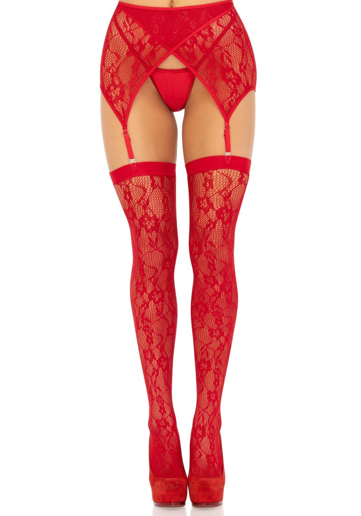 Комплект Leg Avenue Lace thigh highs & garterbelt, One Size, червоний, панчохи та пояс з пажами