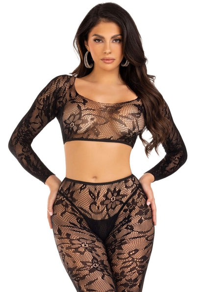 Комплект Leg Avenue Crop top & footless tights, One Size, чорний, кроп-топ та колготки без стопи