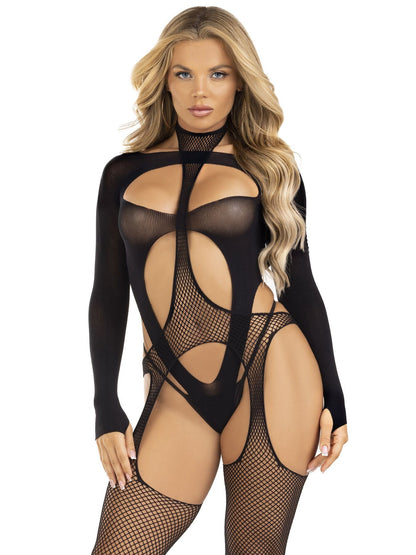 Бодістокінг 2 в 1 Leg Avenue Bodystocking with cutout teddy, One Size, чорний, панчохи-сітки і тедді