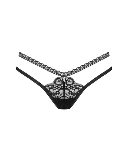 Трусики-стрінги Obsessive Blomentis thong, XS/S, чорні, мереживні, боковинки — подвійні смужки